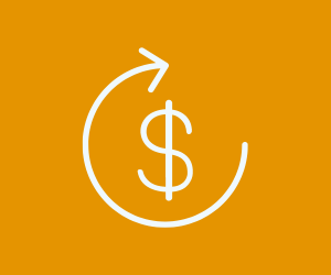 White arrow circled around a dollar sign on an orange background