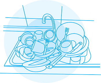 Illustration of a full sink of dirty dishes