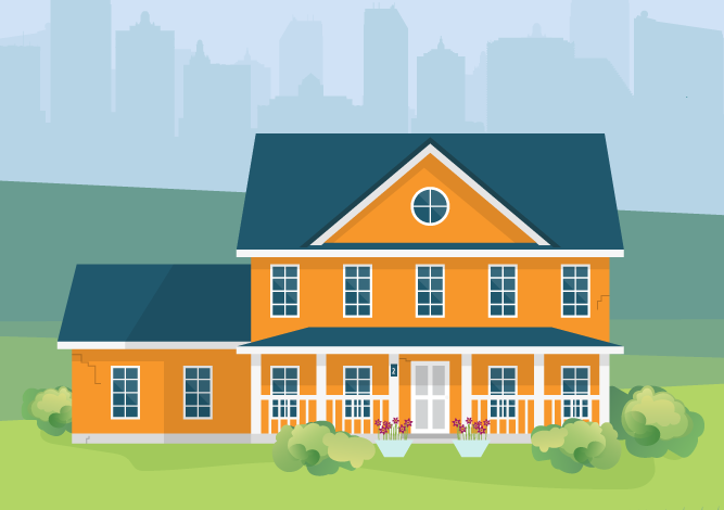 Illustrated orange residential house in city