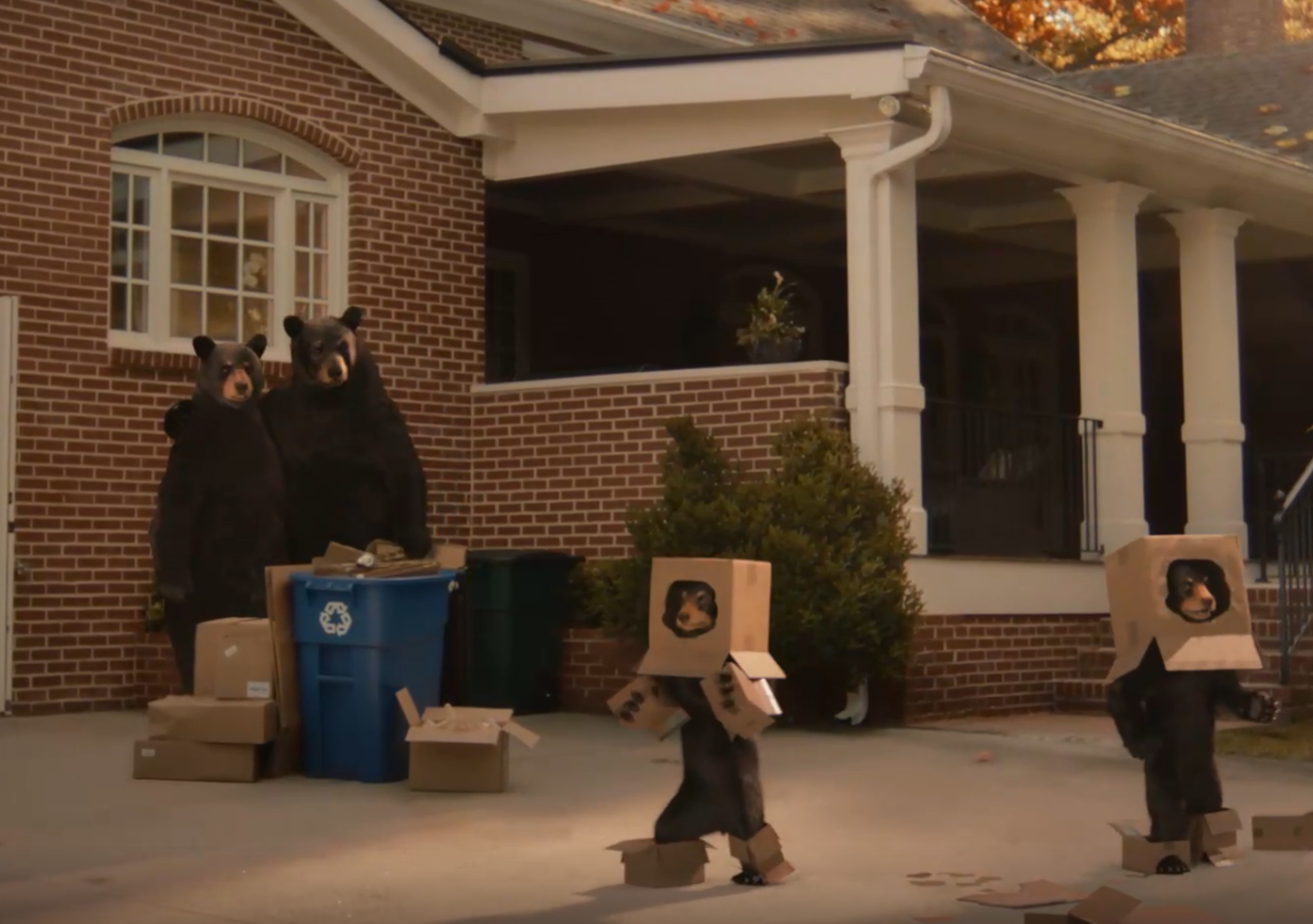 Picture of the SCANA Bear family in front of their home, parents are hugging by the recycling bin while watching the cubs play with cardboard boxes